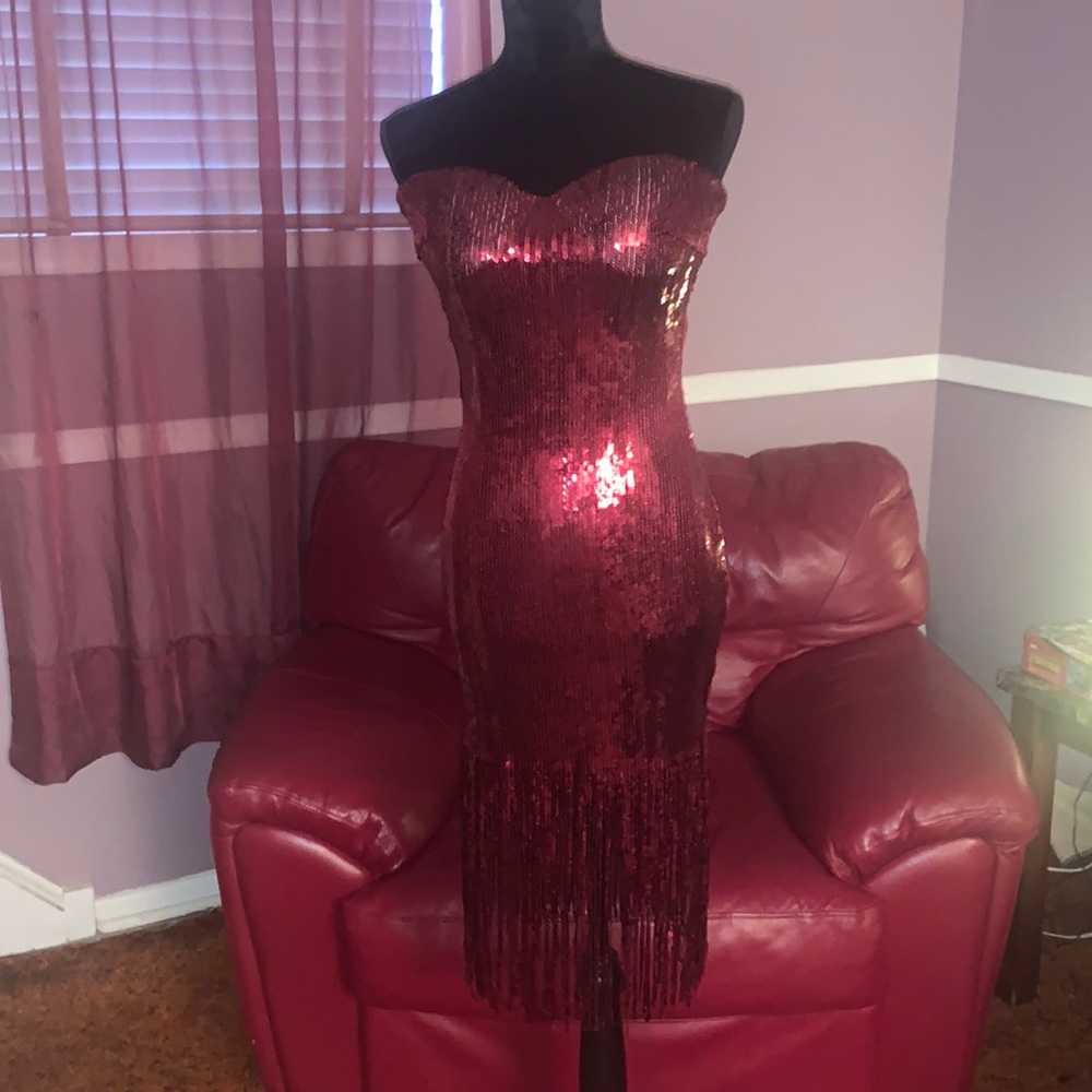 Sequin strapless fringe bottom dress